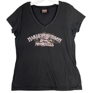 Harley‎ Davidson Shirt Womens L Black V-Neck Cap Sleeve Fitted Thunder Tower SC